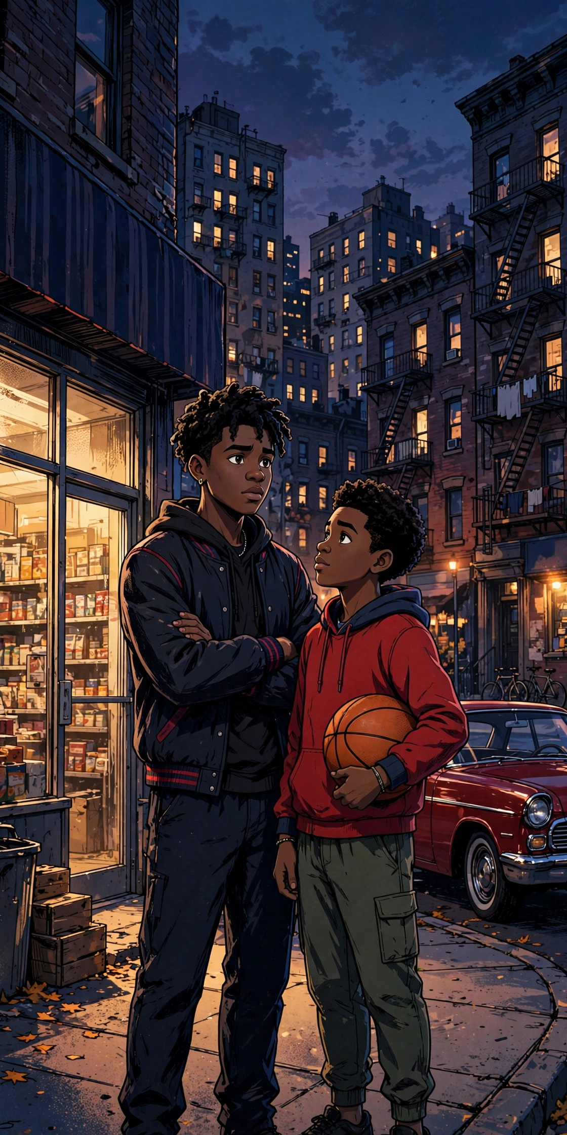 Animated brothers outside a neighborhood corner store at dusk